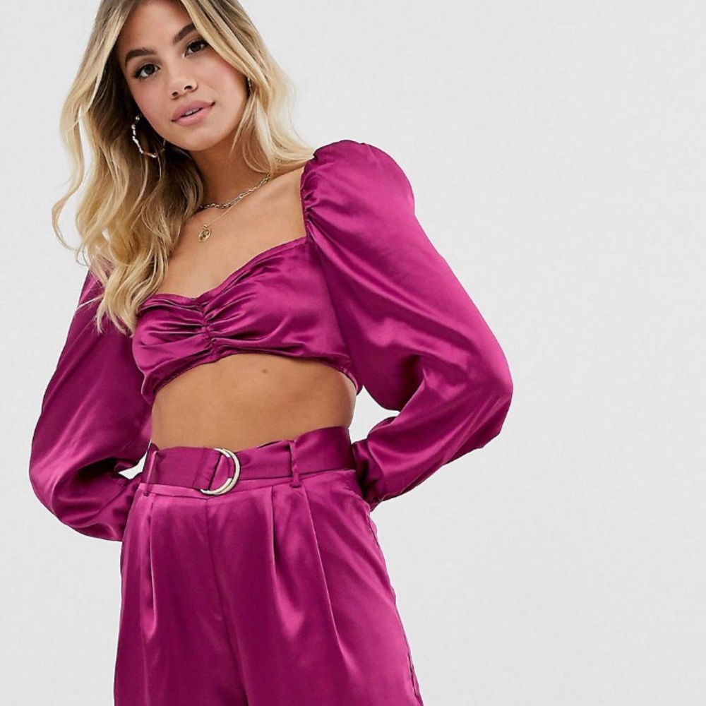 ASOS- In the style satin wide leg pant and long sleeve crop top set